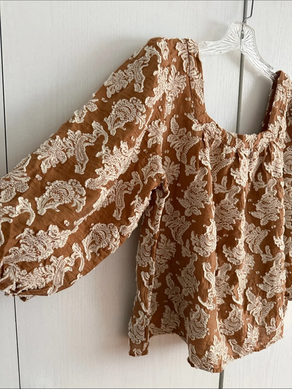 Anthropologie Jacquard Paisley Button Down Top 3/4 Puff Sleeve Romantic Boho Sz